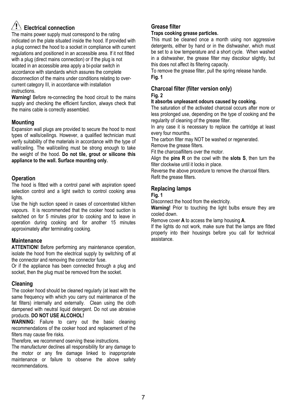 7electrical connection, Mounting, Operation | Maintenance, Cleaning, Grease filter, Charcoal filter (filter version only), Replacing lamps | LADEN HCH 600 WH User Manual | Page 7 / 36