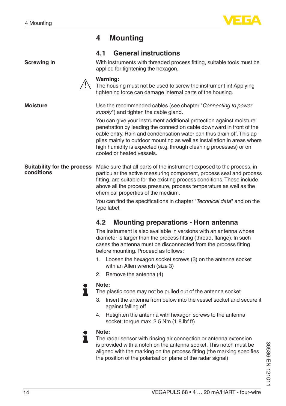 4 mounting, 1 general instructions, 2 mounting preparations - horn antenna | VEGA VEGAPULS 68 (≥ 2.0.0 - ≥ 4.0.0) 4 … 20 mA_HART - four-wire User Manual | Page 14 / 80