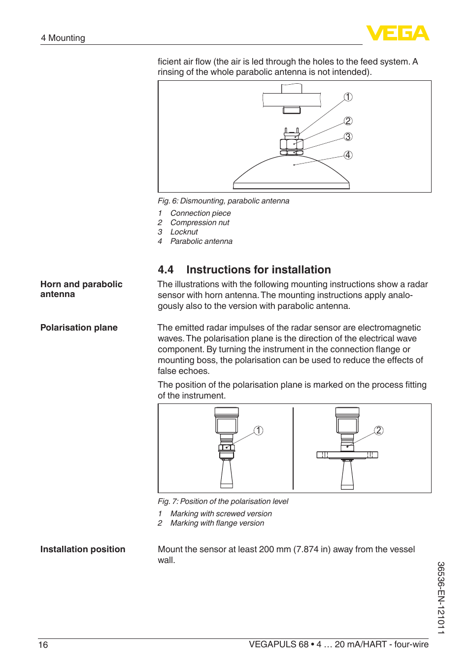 4 instructions for installation | VEGA VEGAPULS 68 (≥ 2.0.0 - ≥ 4.0.0) 4 … 20 mA_HART - four-wire User Manual | Page 16 / 80