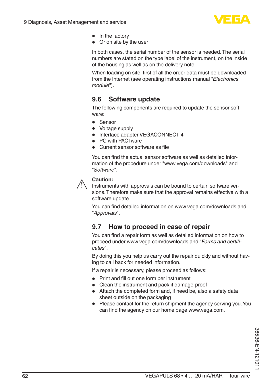 6 software update, 7 how to proceed in case of repair | VEGA VEGAPULS 68 (≥ 2.0.0 - ≥ 4.0.0) 4 … 20 mA_HART - four-wire User Manual | Page 62 / 80