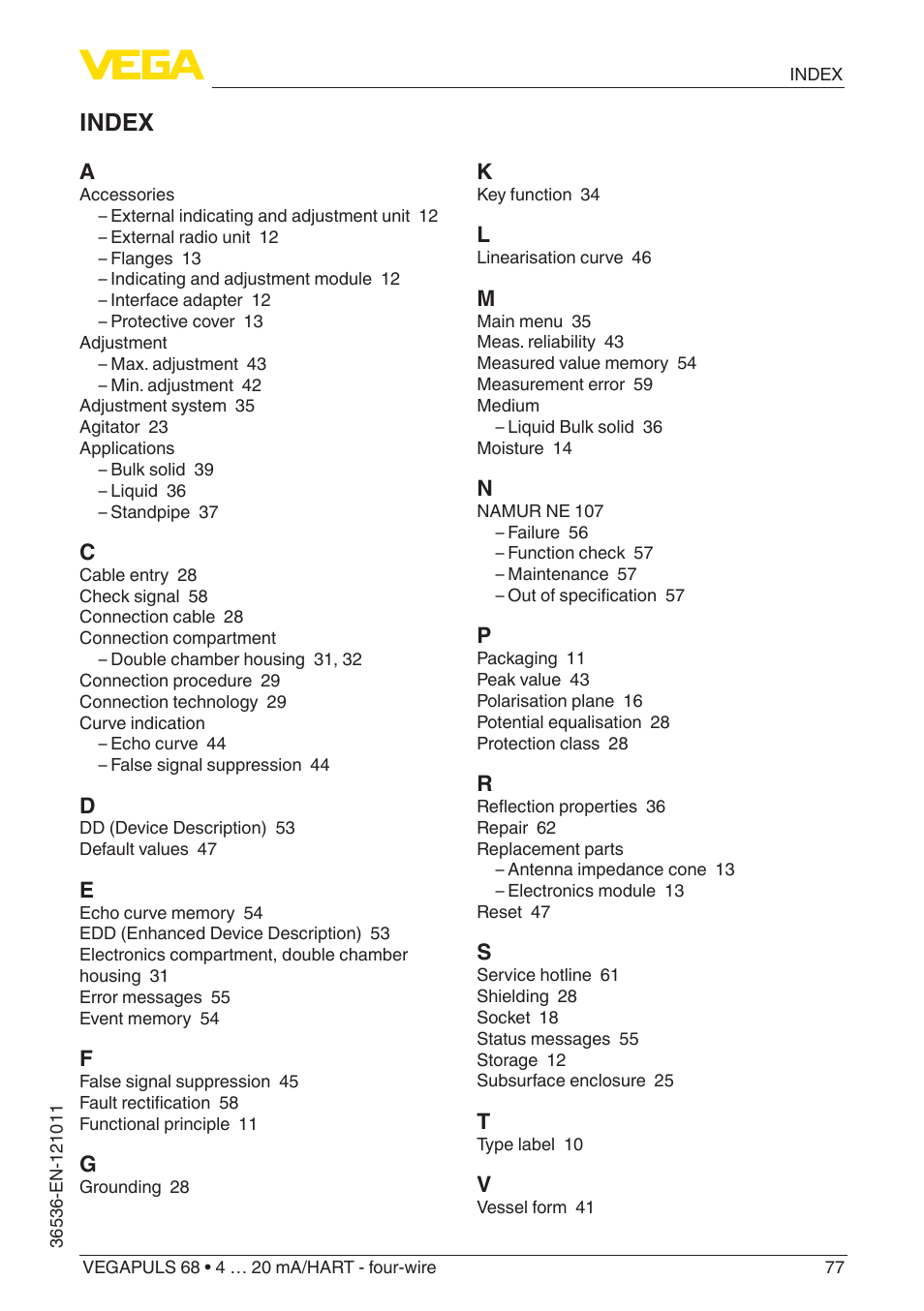 Index | VEGA VEGAPULS 68 (≥ 2.0.0 - ≥ 4.0.0) 4 … 20 mA_HART - four-wire User Manual | Page 77 / 80