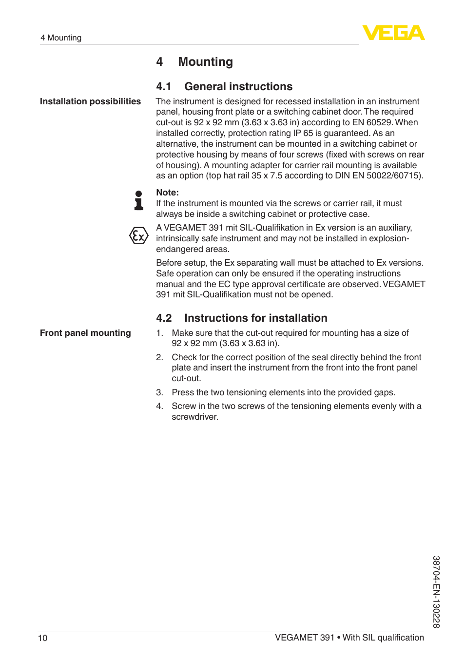 4 mounting, 1 general instructions, 2 instructions for installation | VEGA VEGAMET 391 With SIL qualification User Manual | Page 10 / 56