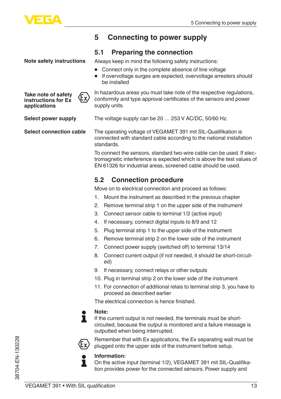 5 connecting to power supply | VEGA VEGAMET 391 With SIL qualification User Manual | Page 13 / 56