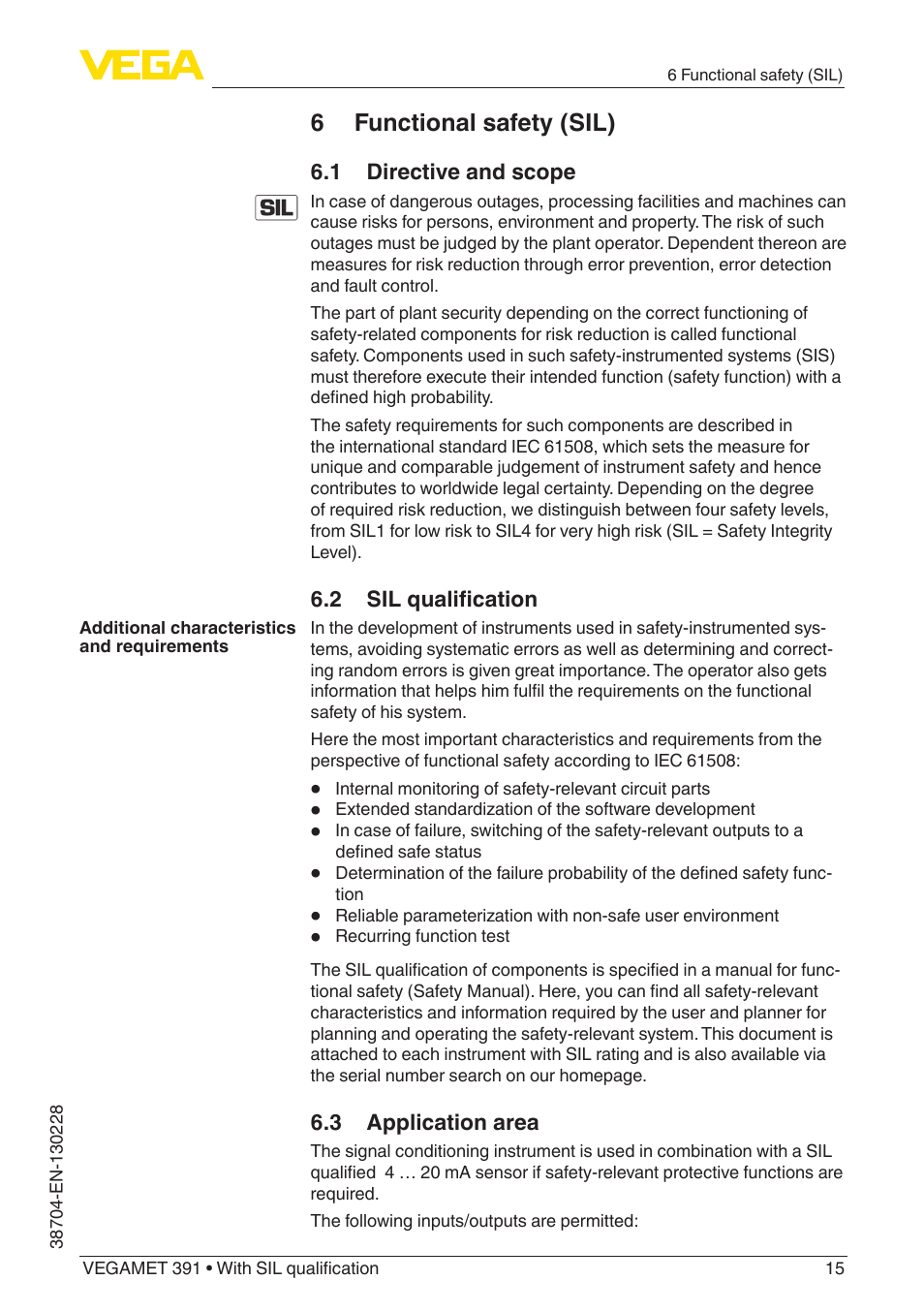 6 functional safety (sil) | VEGA VEGAMET 391 With SIL qualification User Manual | Page 15 / 56