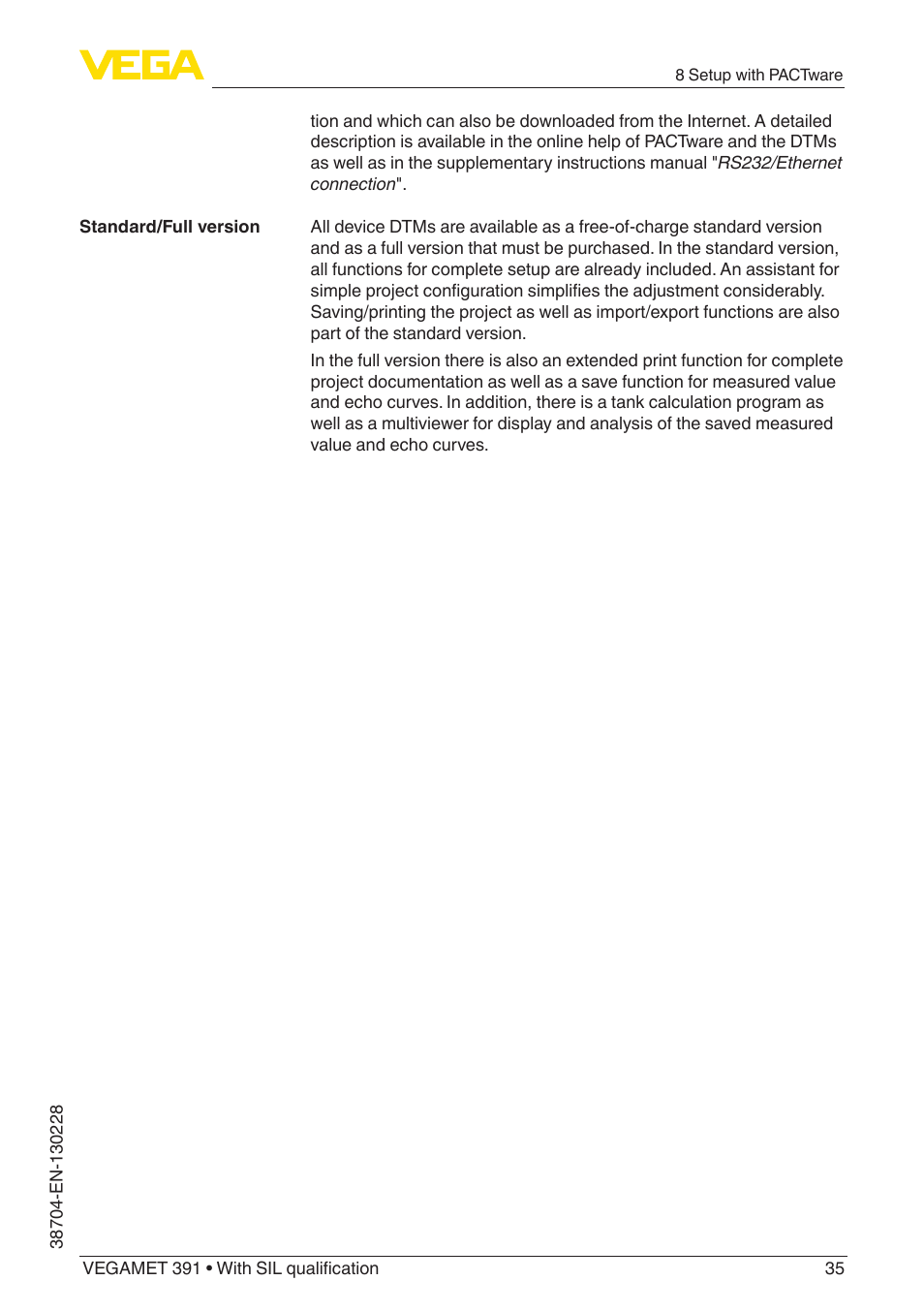 VEGA VEGAMET 391 With SIL qualification User Manual | Page 35 / 56
