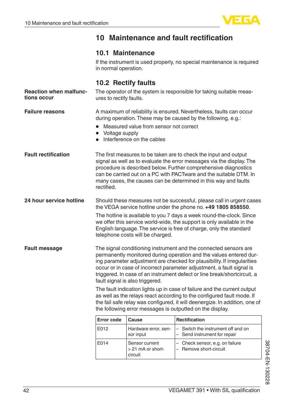 10 maintenance and fault rectification, 1 maintenance, 2 rectify faults | VEGA VEGAMET 391 With SIL qualification User Manual | Page 42 / 56