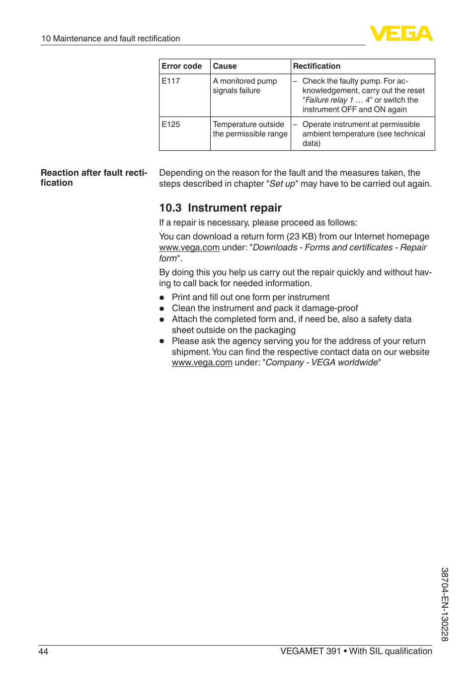 3 instrument repair | VEGA VEGAMET 391 With SIL qualification User Manual | Page 44 / 56