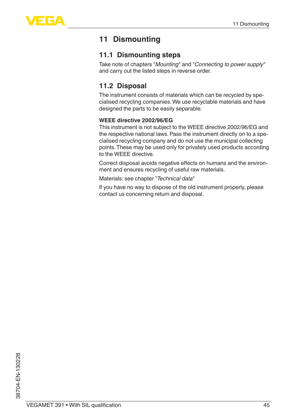 11 dismounting | VEGA VEGAMET 391 With SIL qualification User Manual | Page 45 / 56