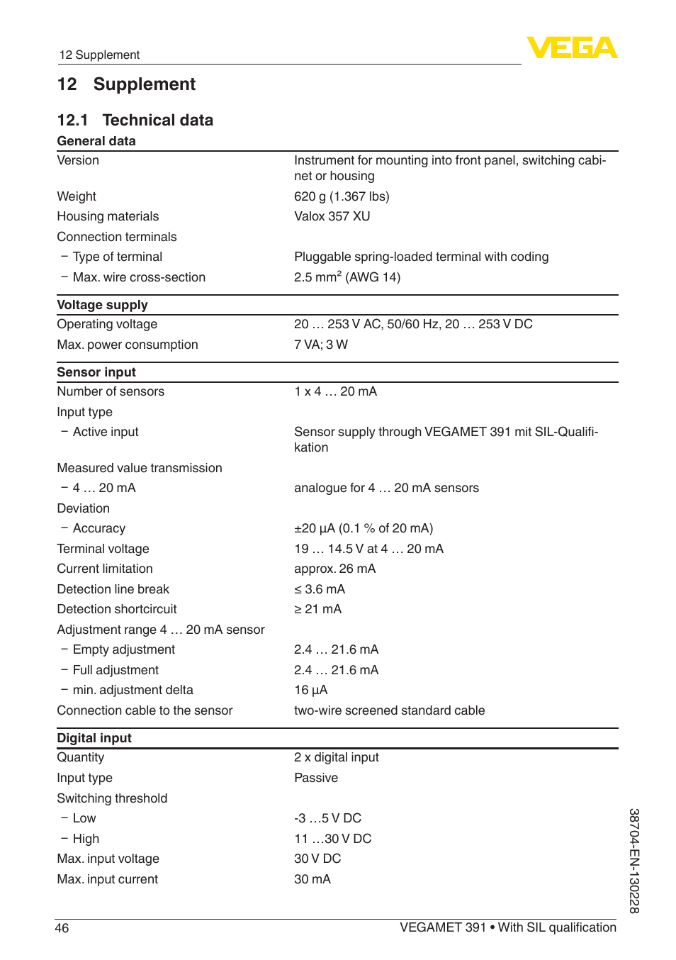 12 supplement, 1 technical data | VEGA VEGAMET 391 With SIL qualification User Manual | Page 46 / 56