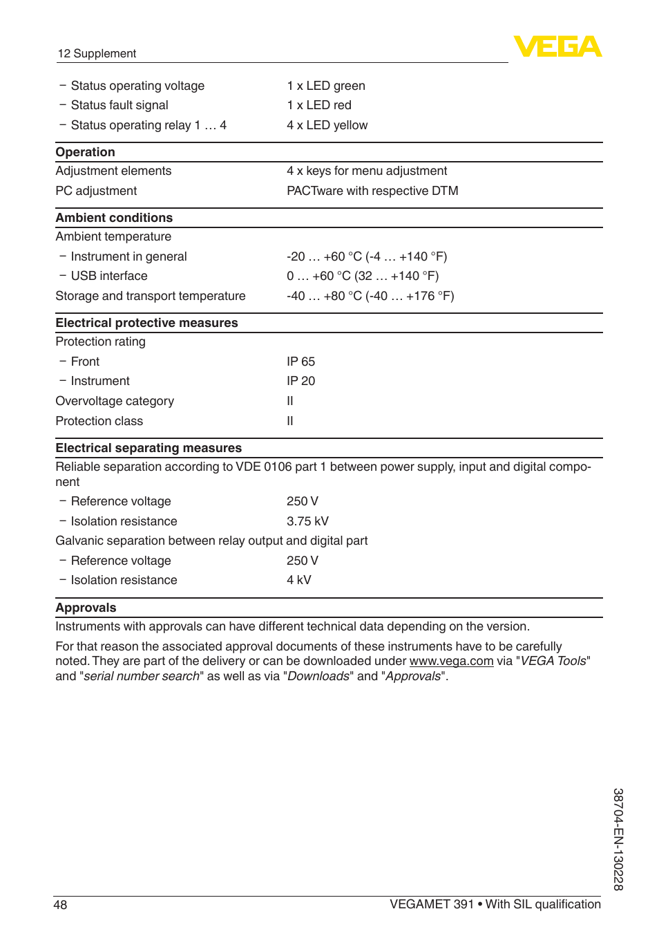 VEGA VEGAMET 391 With SIL qualification User Manual | Page 48 / 56