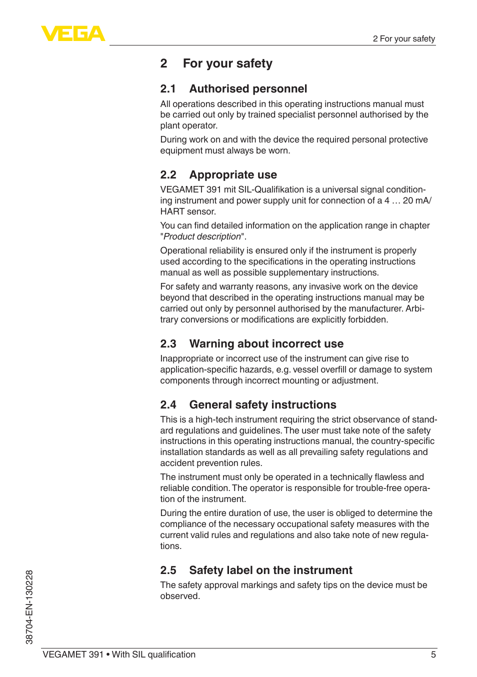 2 for your safety | VEGA VEGAMET 391 With SIL qualification User Manual | Page 5 / 56