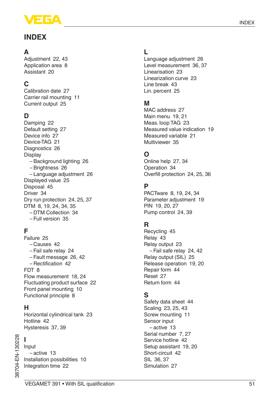 Index | VEGA VEGAMET 391 With SIL qualification User Manual | Page 51 / 56