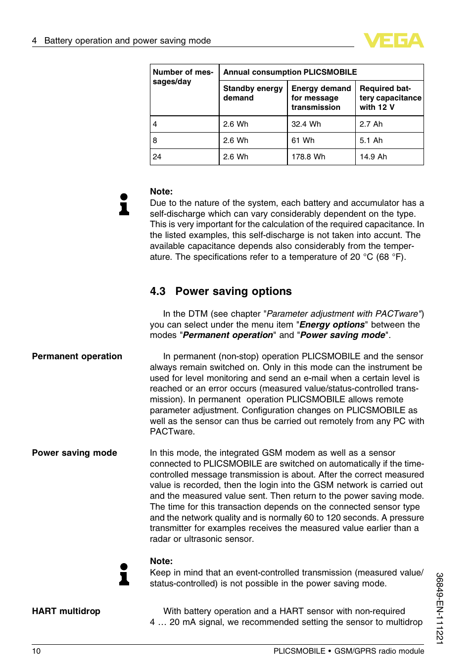 3 power saving options | VEGA PLICSMOBILE GSM_GPRS radio module User Manual | Page 10 / 28