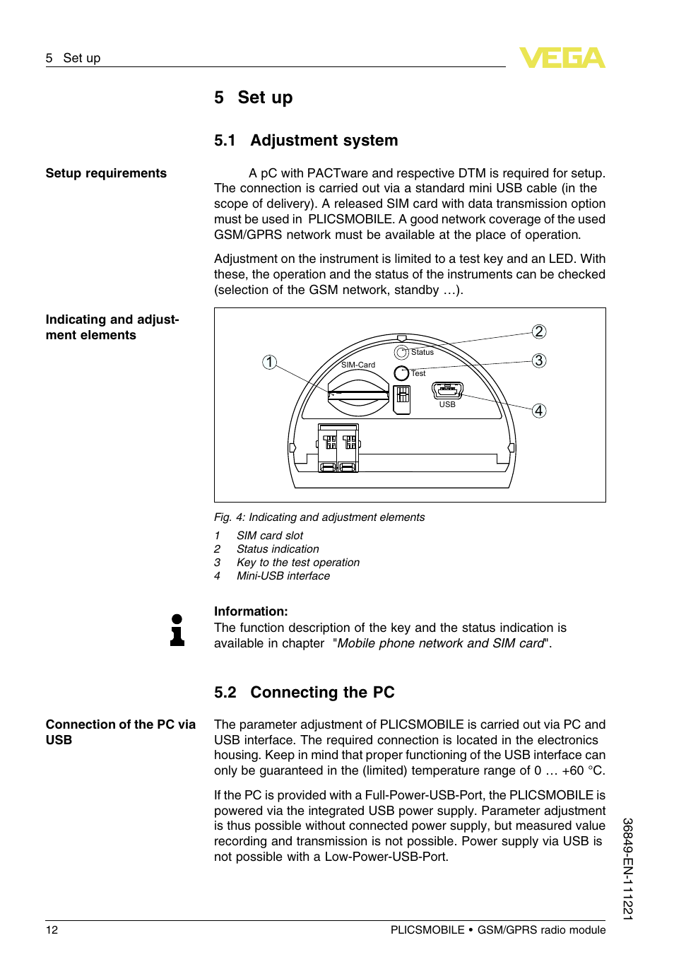 5 set up, 1 adjustment system, 2 connecting the pc | 5set up | VEGA PLICSMOBILE GSM_GPRS radio module User Manual | Page 12 / 28