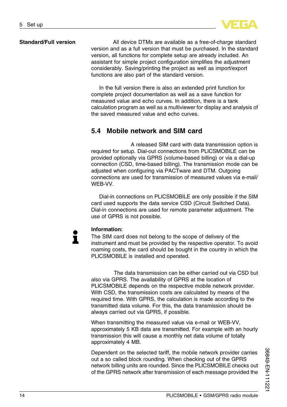 4 mobile network and sim card | VEGA PLICSMOBILE GSM_GPRS radio module User Manual | Page 14 / 28