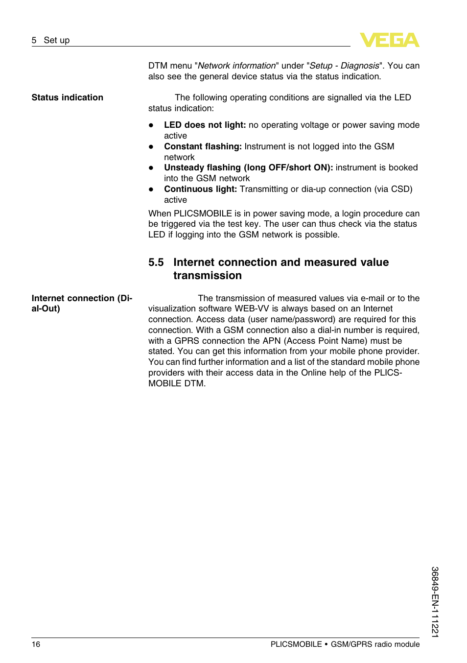 VEGA PLICSMOBILE GSM_GPRS radio module User Manual | Page 16 / 28