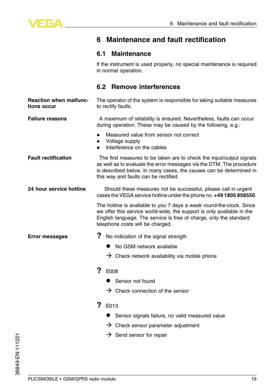 6 maintenance and fault rectification, 1 maintenance, 2 remove interferences | 6maintenance and fault rectiﬁcation | VEGA PLICSMOBILE GSM_GPRS radio module User Manual | Page 19 / 28
