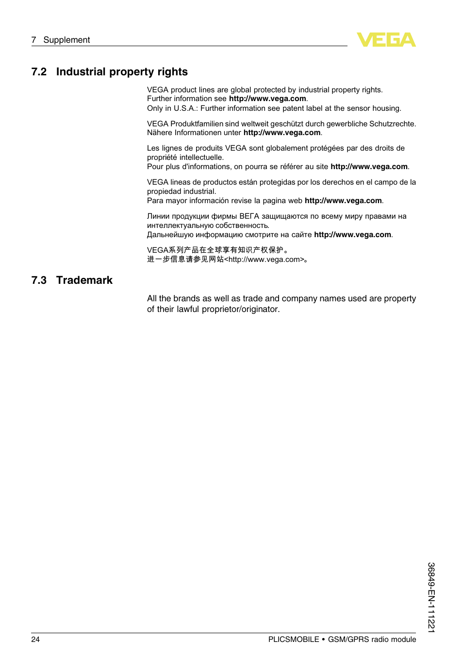 2 industrial property rights, 3 trademark | VEGA PLICSMOBILE GSM_GPRS radio module User Manual | Page 24 / 28