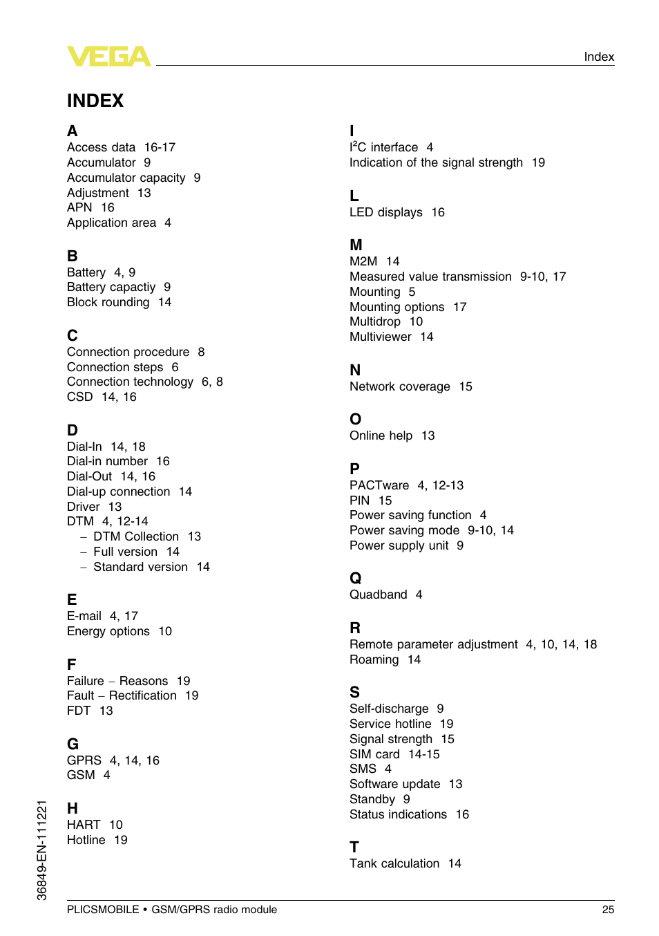 Index | VEGA PLICSMOBILE GSM_GPRS radio module User Manual | Page 25 / 28