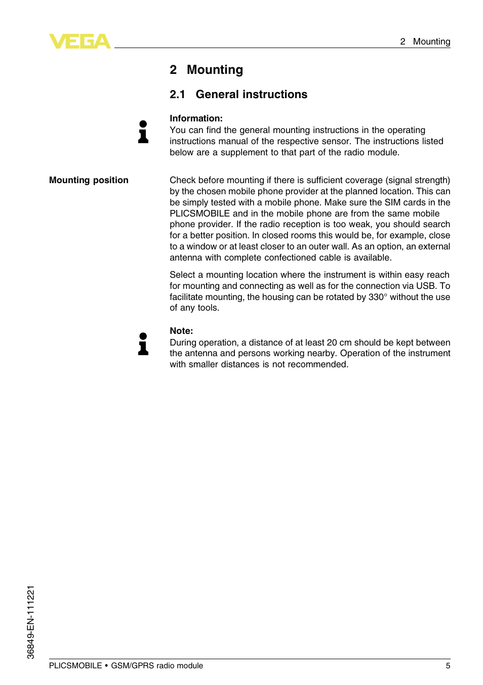 2 mounting, 1 general instructions, 2mounting | VEGA PLICSMOBILE GSM_GPRS radio module User Manual | Page 5 / 28