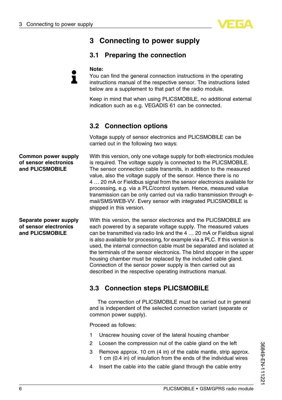 3 connecting to power supply, 1 preparing the connection, 2 connection options | 3 connection steps plicsmobile, 3connecting to power supply | VEGA PLICSMOBILE GSM_GPRS radio module User Manual | Page 6 / 28