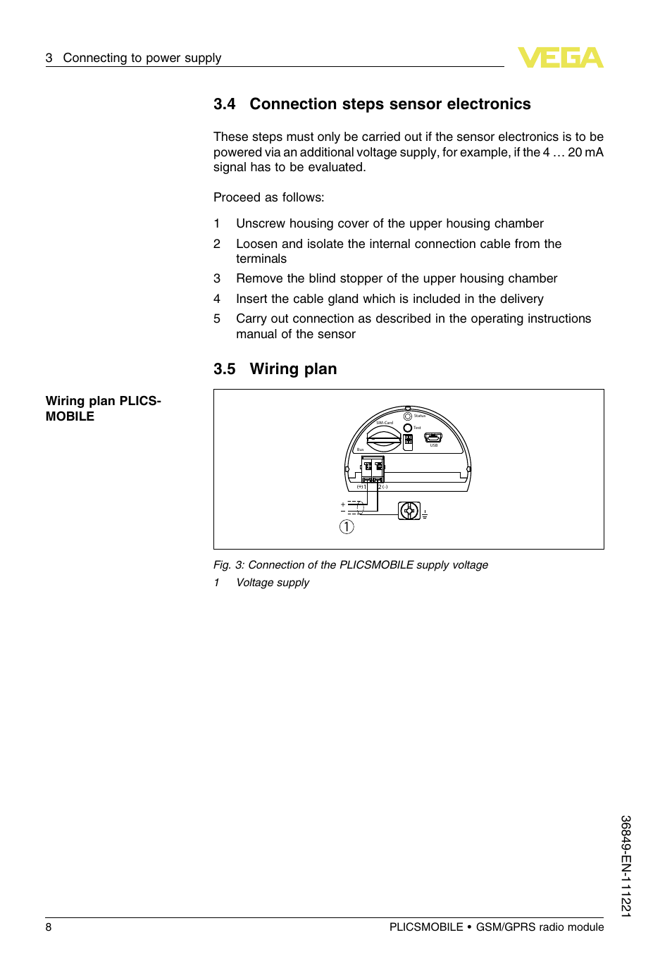 4 connection steps sensor electronics, 5 wiring plan | VEGA PLICSMOBILE GSM_GPRS radio module User Manual | Page 8 / 28