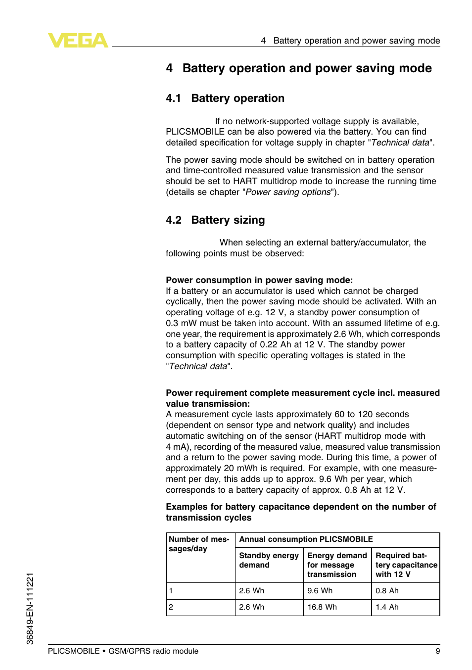 4 battery operation and power saving mode, 1 battery operation, 2 battery sizing | 4battery operation and power saving mode | VEGA PLICSMOBILE GSM_GPRS radio module User Manual | Page 9 / 28