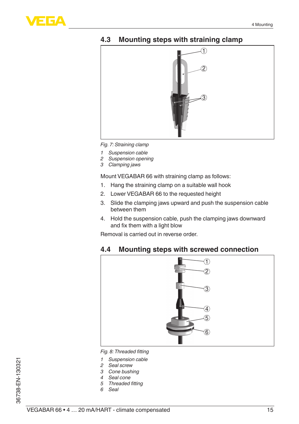 3 mounting steps with straining clamp, 4 mounting steps with screwed connection | VEGA VEGABAR 66 4 … 20 mA_HART - climate compensated User Manual | Page 15 / 76