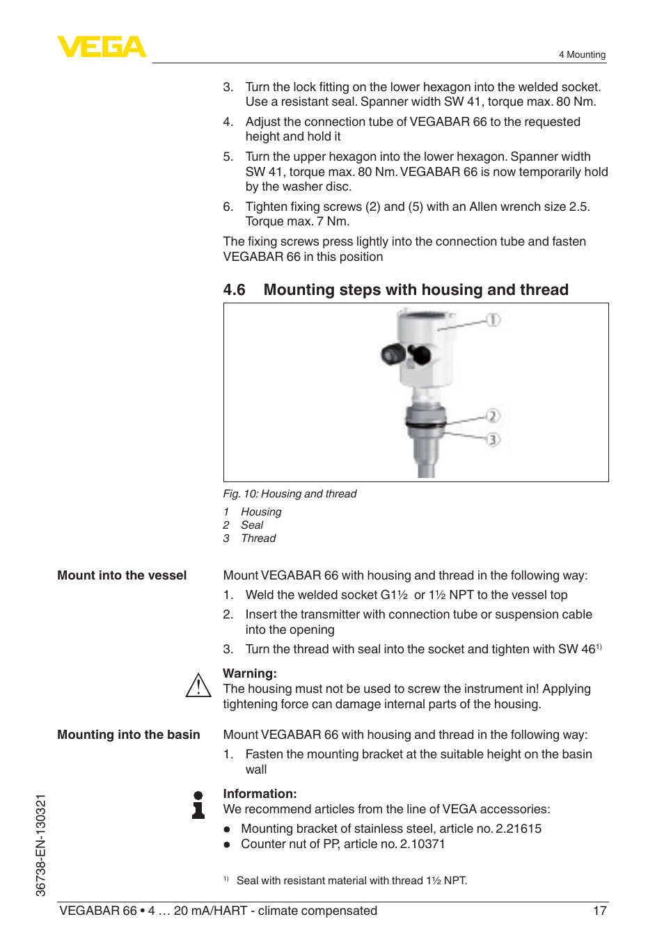 6 mounting steps with housing and thread | VEGA VEGABAR 66 4 … 20 mA_HART - climate compensated User Manual | Page 17 / 76