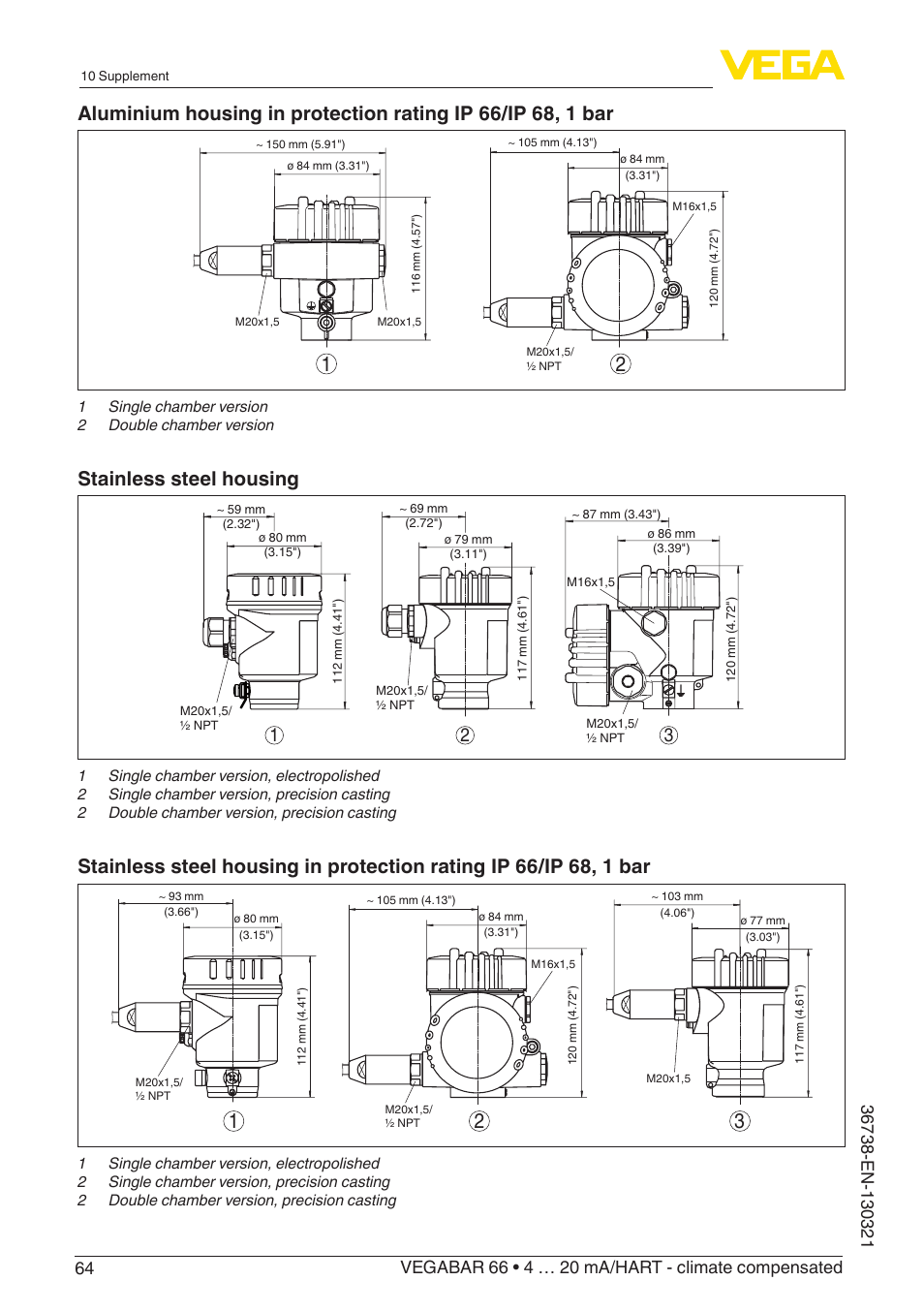 Stainless steel housing | VEGA VEGABAR 66 4 … 20 mA_HART - climate compensated User Manual | Page 64 / 76