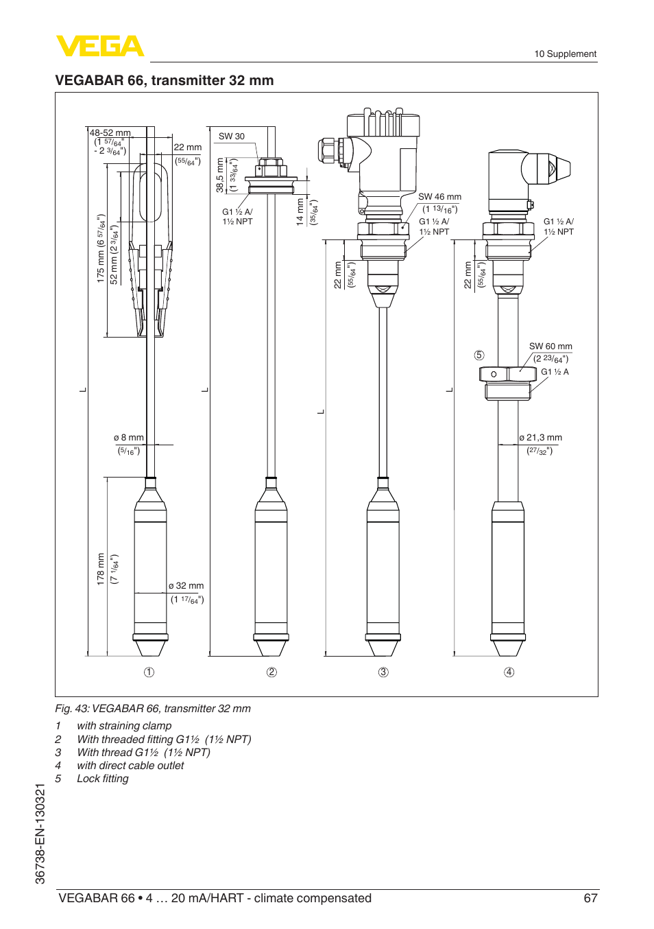 Vegabar 66, transmitter 32 mm | VEGA VEGABAR 66 4 … 20 mA_HART - climate compensated User Manual | Page 67 / 76