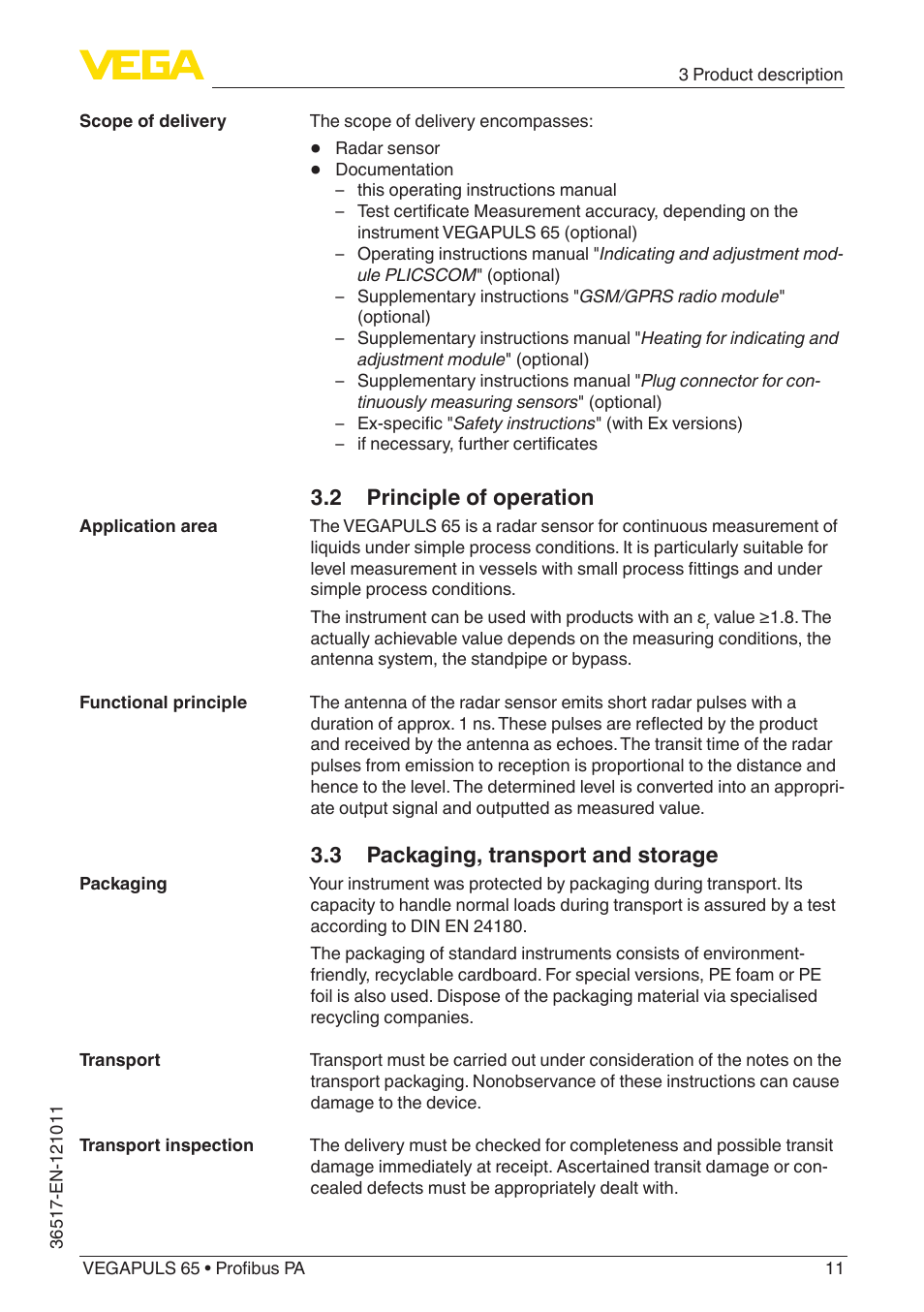 2 principle of operation, 3 packaging, transport and storage | VEGA VEGAPULS 65 (≥ 2.0.0 - ≥ 4.0.0) Profibus PA User Manual | Page 11 / 72