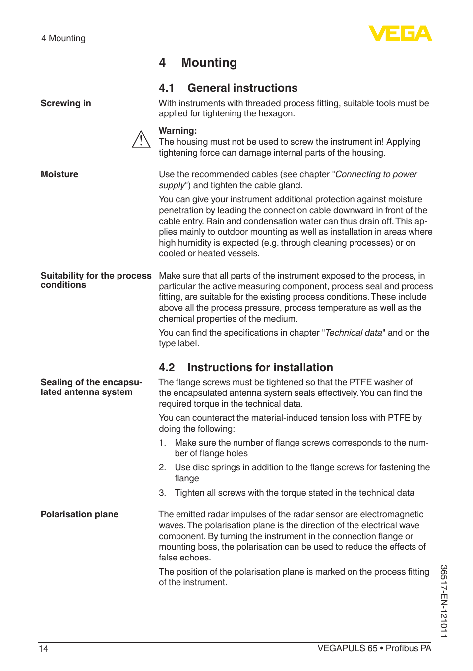 4 mounting, 1 general instructions, 2 instructions for installation | VEGA VEGAPULS 65 (≥ 2.0.0 - ≥ 4.0.0) Profibus PA User Manual | Page 14 / 72