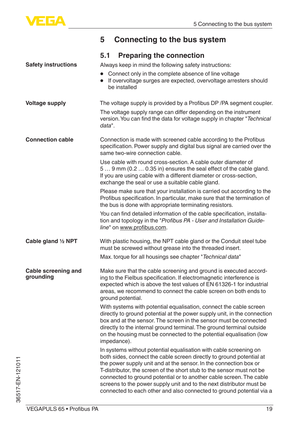 5 connecting to the bus system, 1 preparing the connection | VEGA VEGAPULS 65 (≥ 2.0.0 - ≥ 4.0.0) Profibus PA User Manual | Page 19 / 72