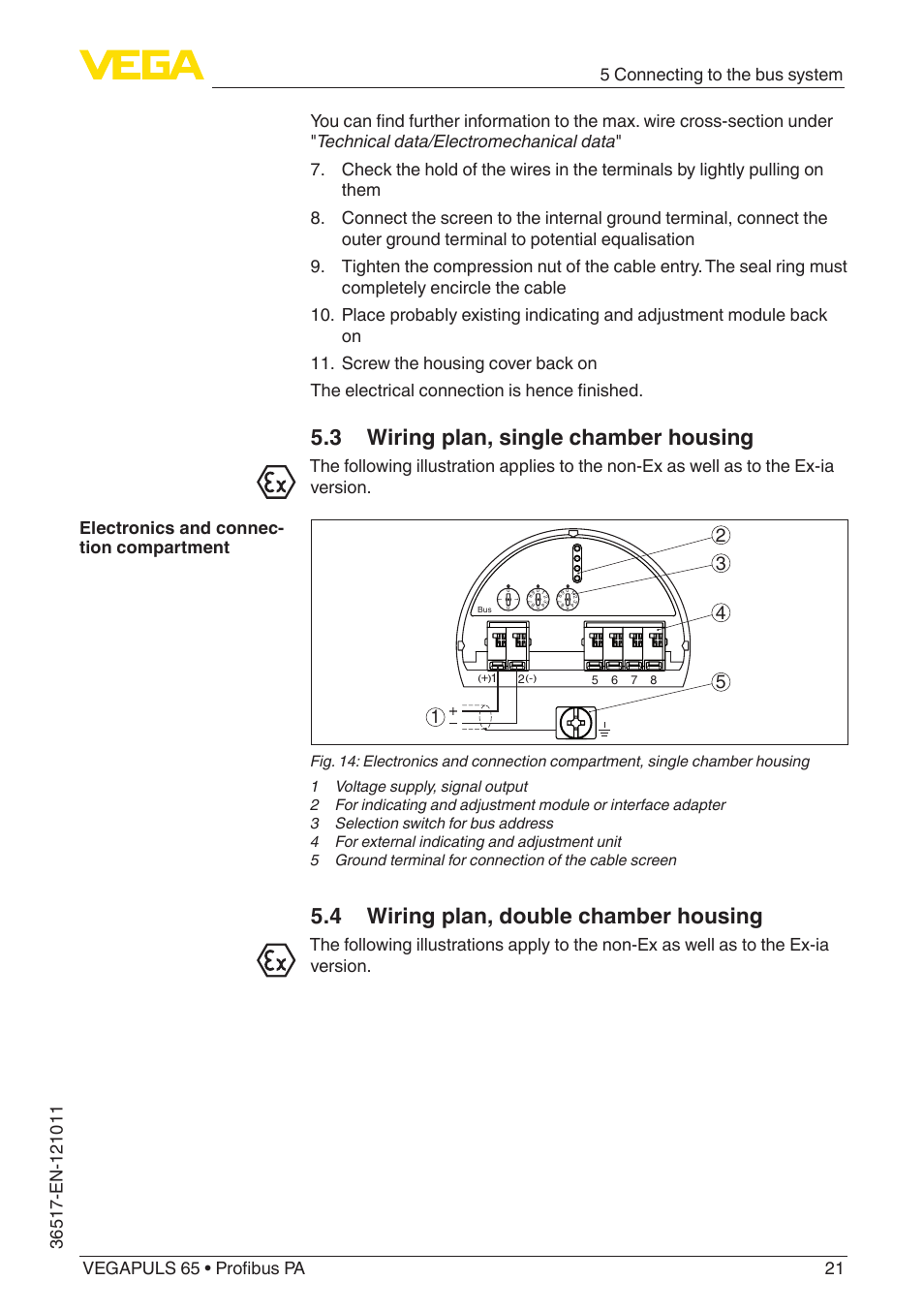 3 wiring plan, single chamber housing, 4 wiring plan, double chamber housing | VEGA VEGAPULS 65 (≥ 2.0.0 - ≥ 4.0.0) Profibus PA User Manual | Page 21 / 72