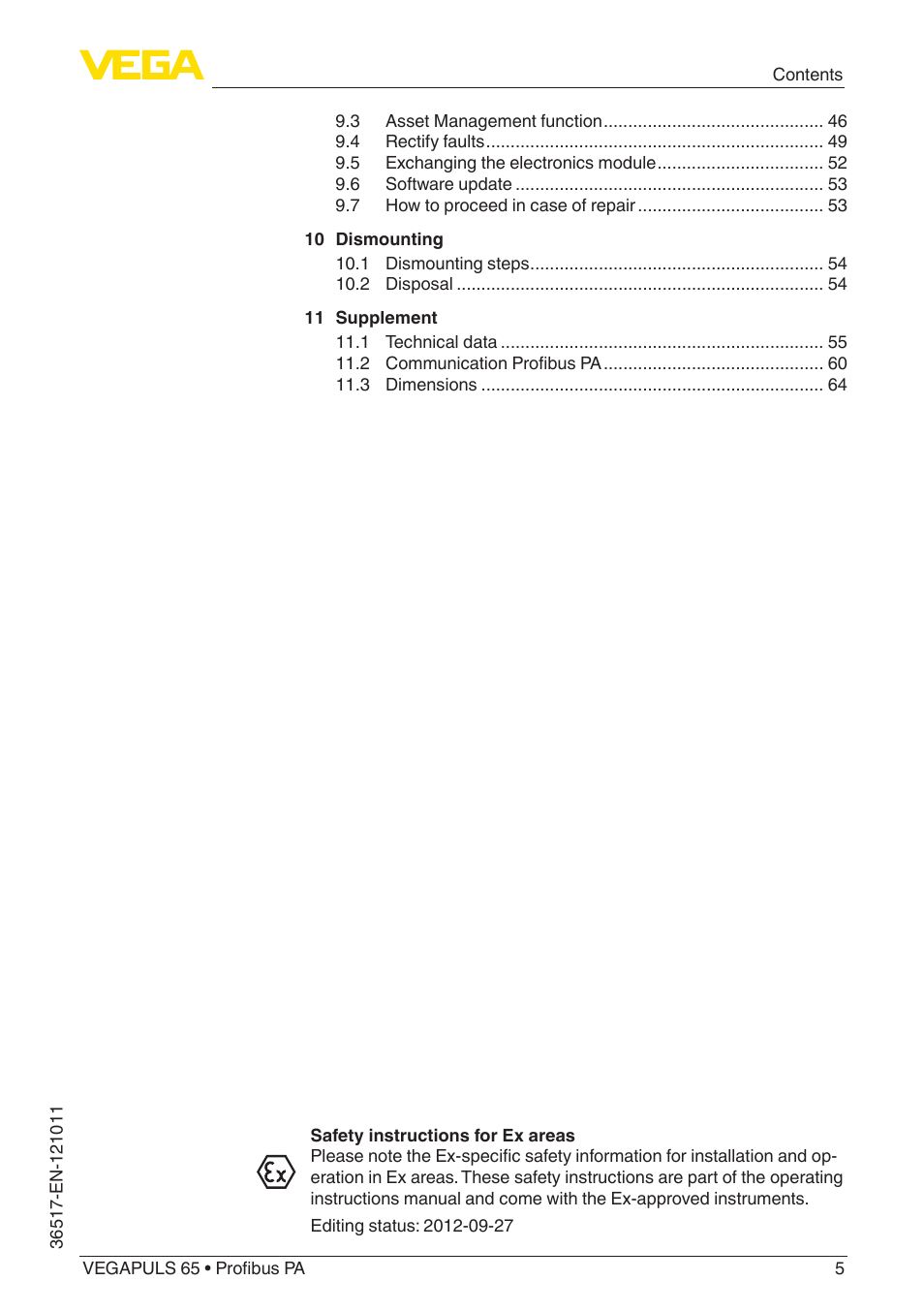 VEGA VEGAPULS 65 (≥ 2.0.0 - ≥ 4.0.0) Profibus PA User Manual | Page 5 / 72