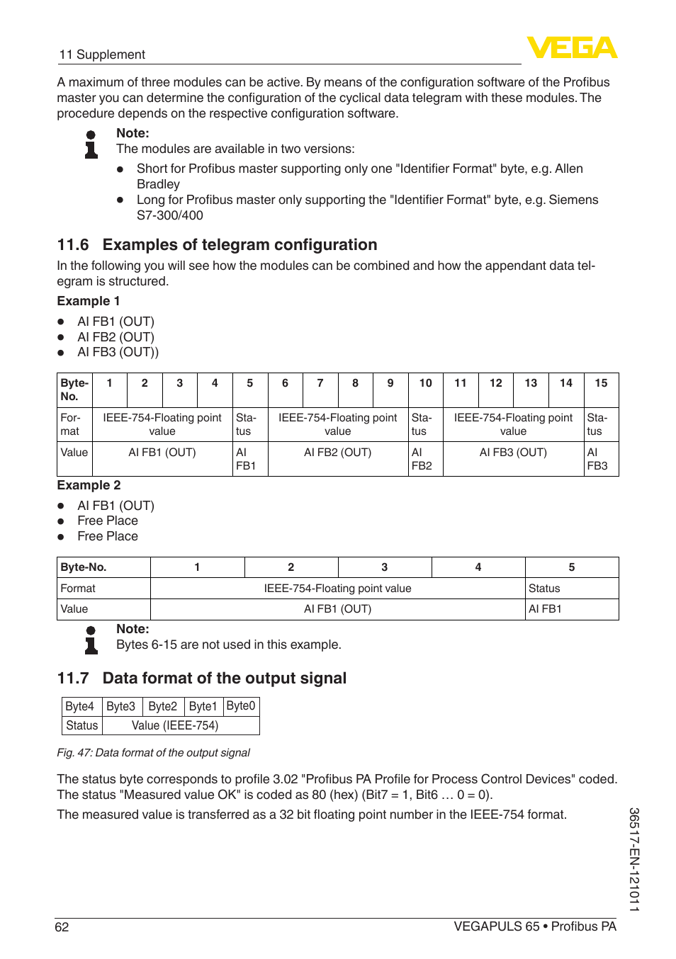 6 examples of telegram configuration, 7 data format of the output signal | VEGA VEGAPULS 65 (≥ 2.0.0 - ≥ 4.0.0) Profibus PA User Manual | Page 62 / 72