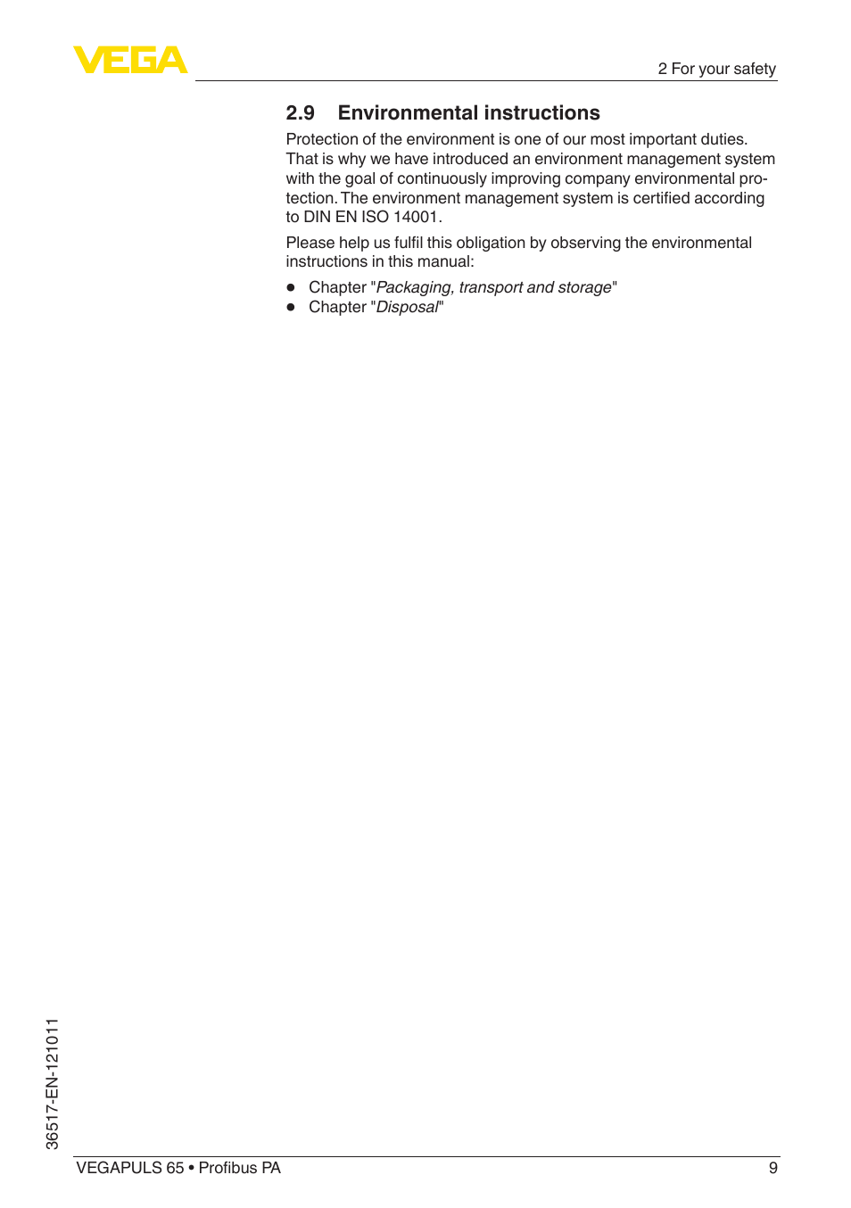 9 environmental instructions | VEGA VEGAPULS 65 (≥ 2.0.0 - ≥ 4.0.0) Profibus PA User Manual | Page 9 / 72