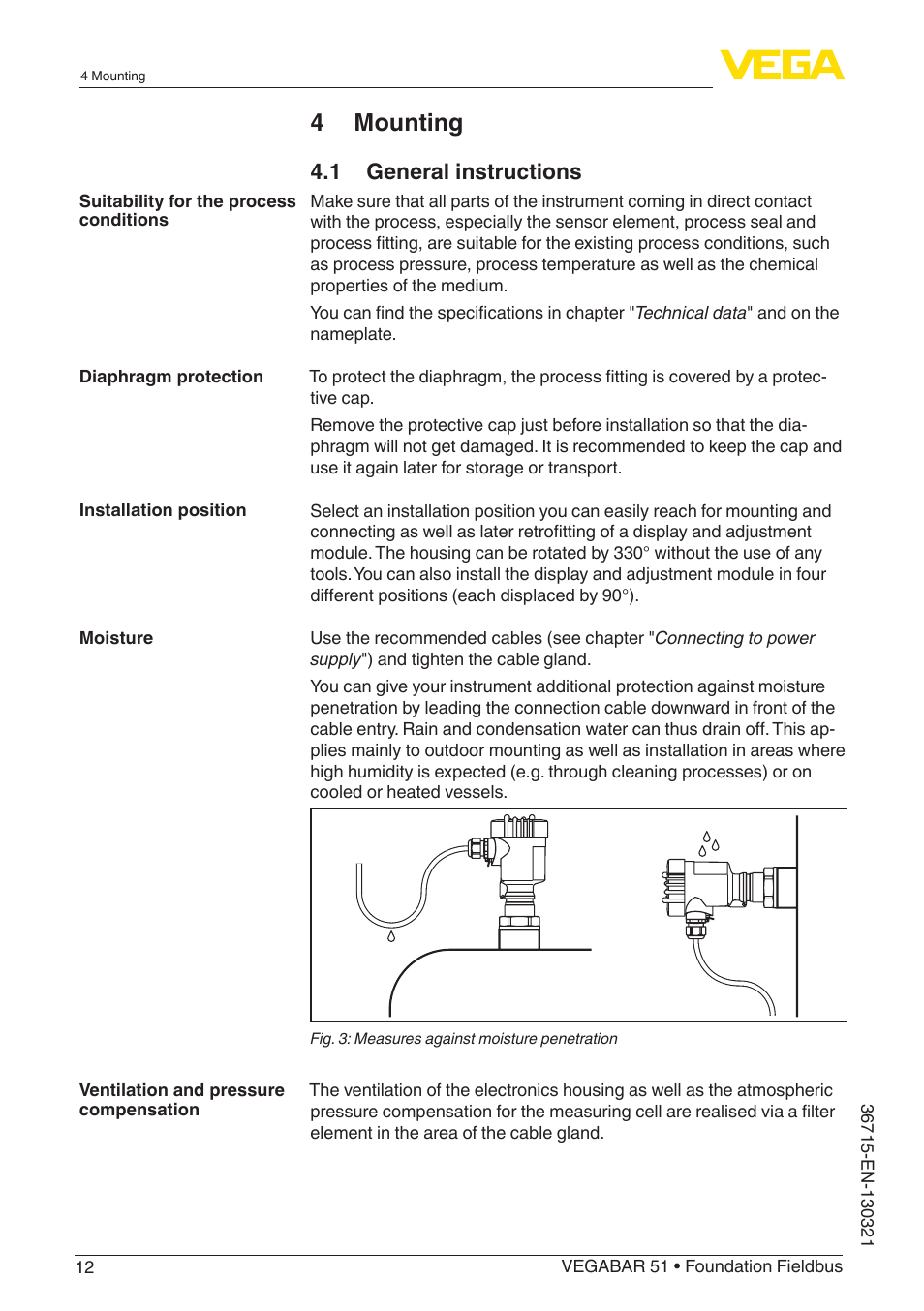 4 mounting, 1 general instructions | VEGA VEGABAR 51 Foundation Fieldbus User Manual | Page 12 / 72