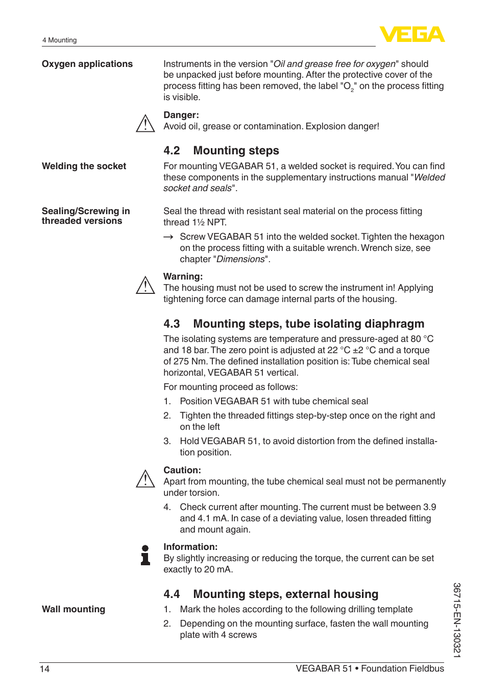 2 mounting steps, 3 mounting steps, tube isolating diaphragm, 4 mounting steps, external housing | VEGA VEGABAR 51 Foundation Fieldbus User Manual | Page 14 / 72