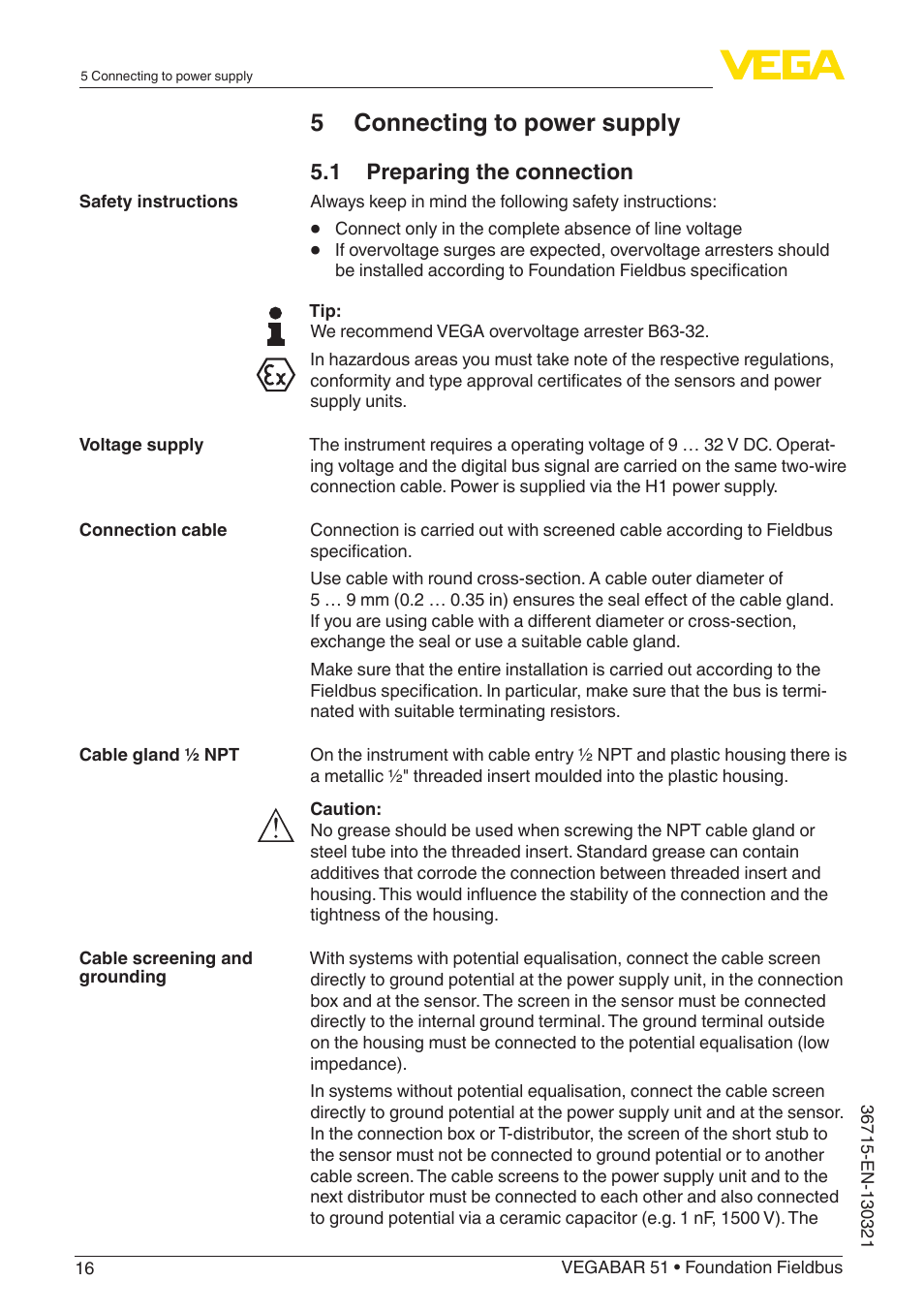 5 connecting to power supply, 1 preparing the connection | VEGA VEGABAR 51 Foundation Fieldbus User Manual | Page 16 / 72