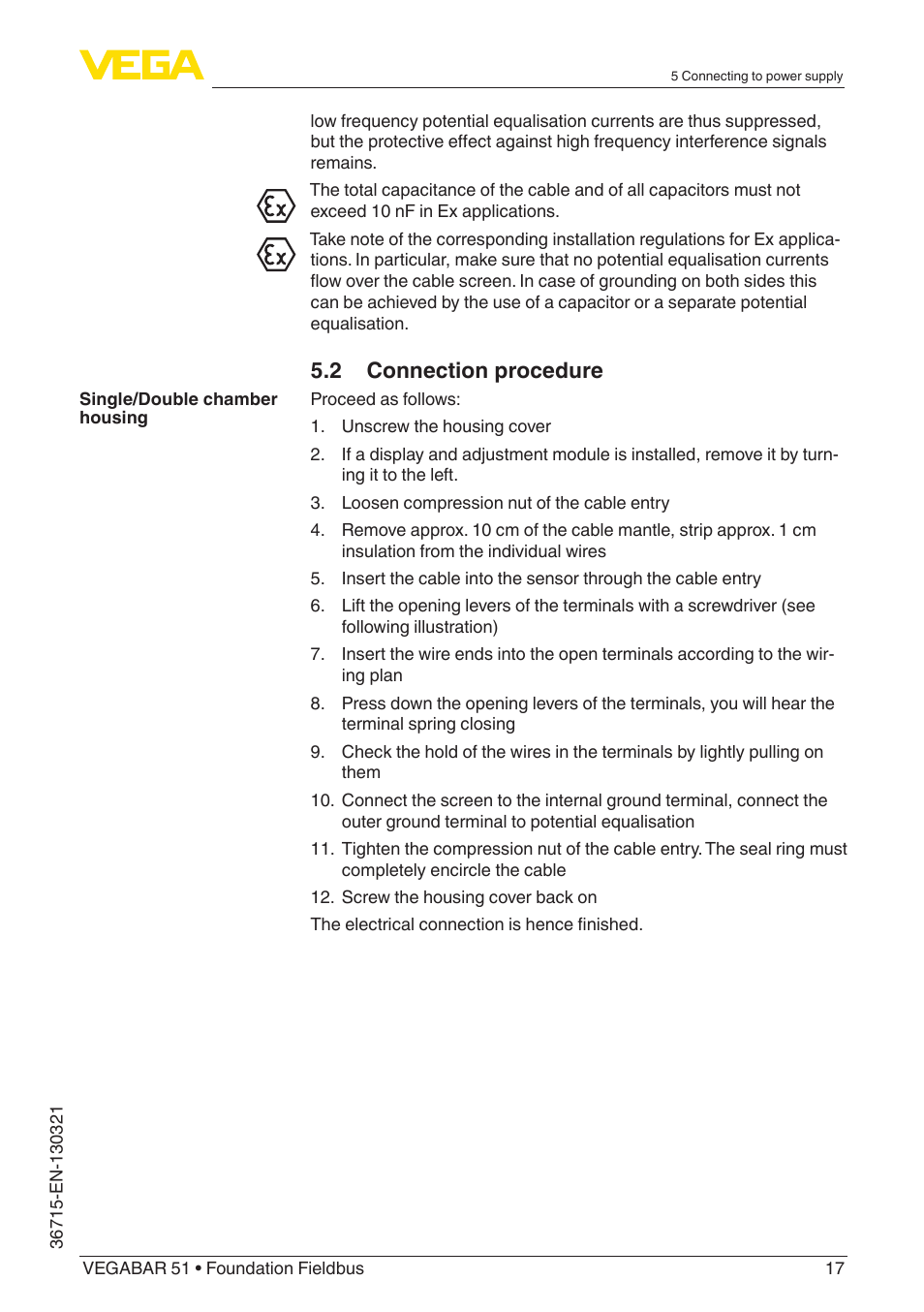 2 connection procedure | VEGA VEGABAR 51 Foundation Fieldbus User Manual | Page 17 / 72