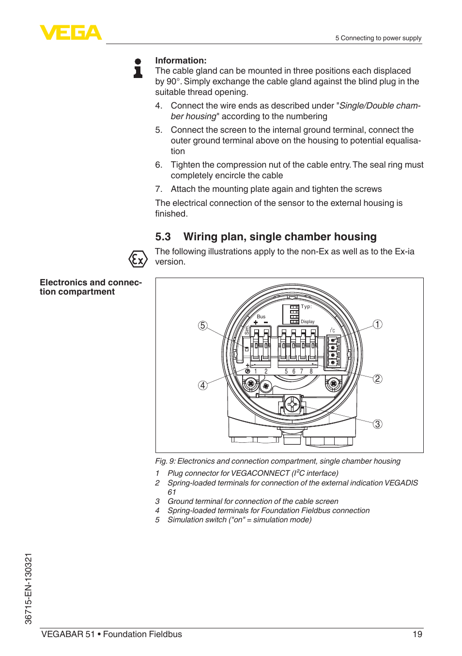 3 wiring plan, single chamber housing | VEGA VEGABAR 51 Foundation Fieldbus User Manual | Page 19 / 72