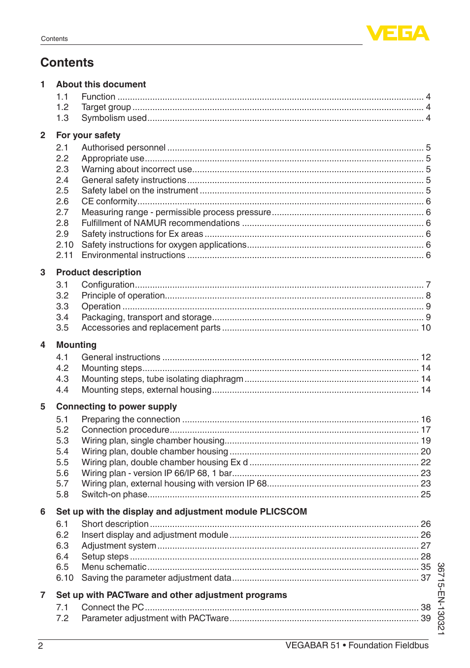 VEGA VEGABAR 51 Foundation Fieldbus User Manual | Page 2 / 72