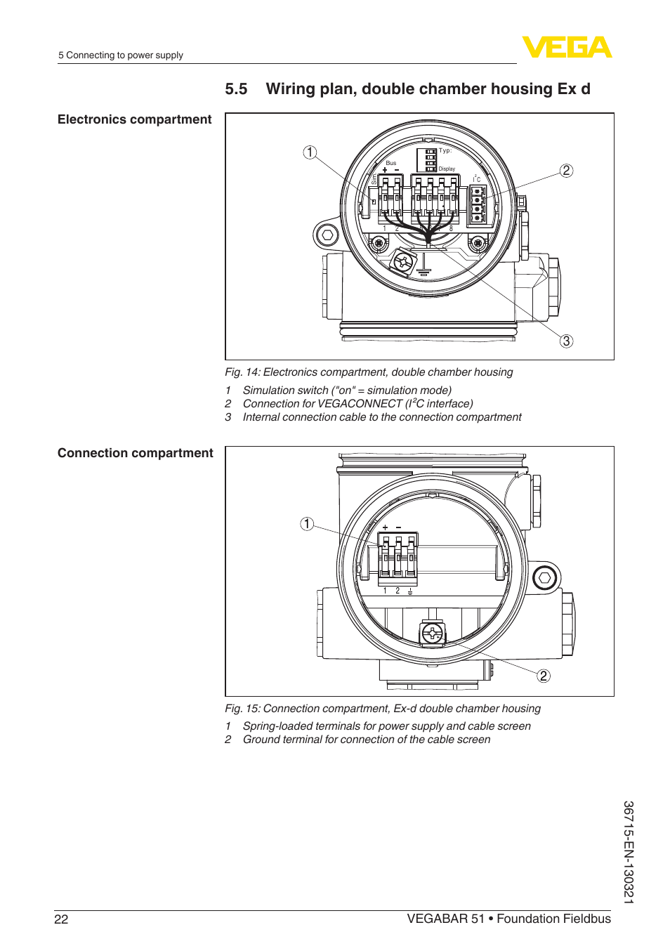 5 wiring plan, double chamber housing ex d | VEGA VEGABAR 51 Foundation Fieldbus User Manual | Page 22 / 72