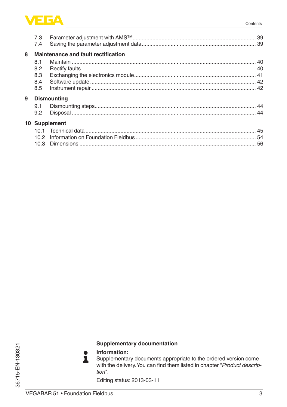 VEGA VEGABAR 51 Foundation Fieldbus User Manual | Page 3 / 72