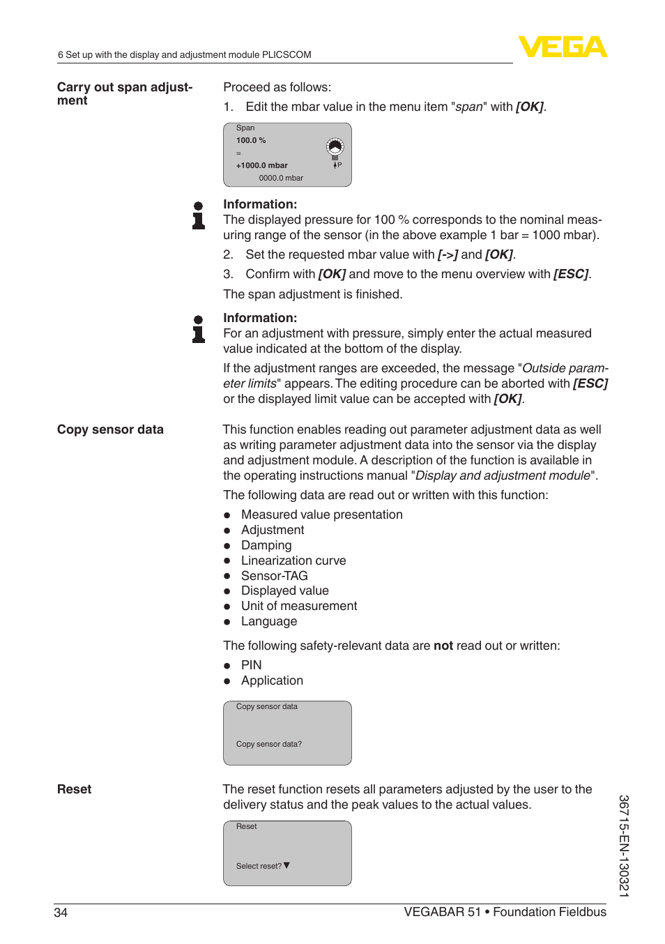 VEGA VEGABAR 51 Foundation Fieldbus User Manual | Page 34 / 72