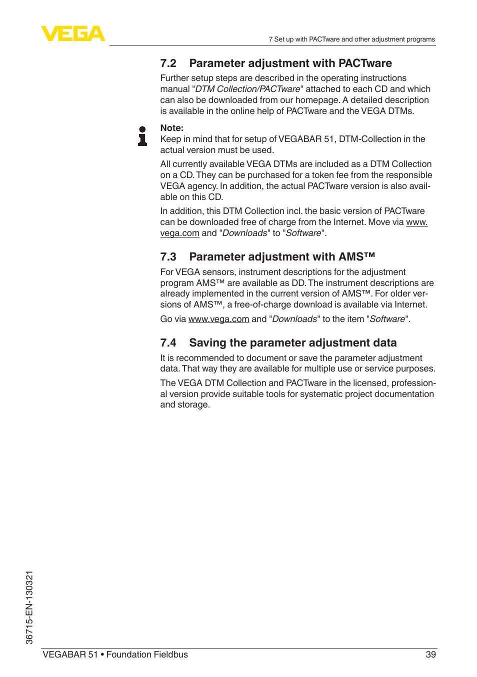 2 parameter adjustment with pactware, 3 parameter adjustment with ams, 4 saving the parameter adjustment data | VEGA VEGABAR 51 Foundation Fieldbus User Manual | Page 39 / 72