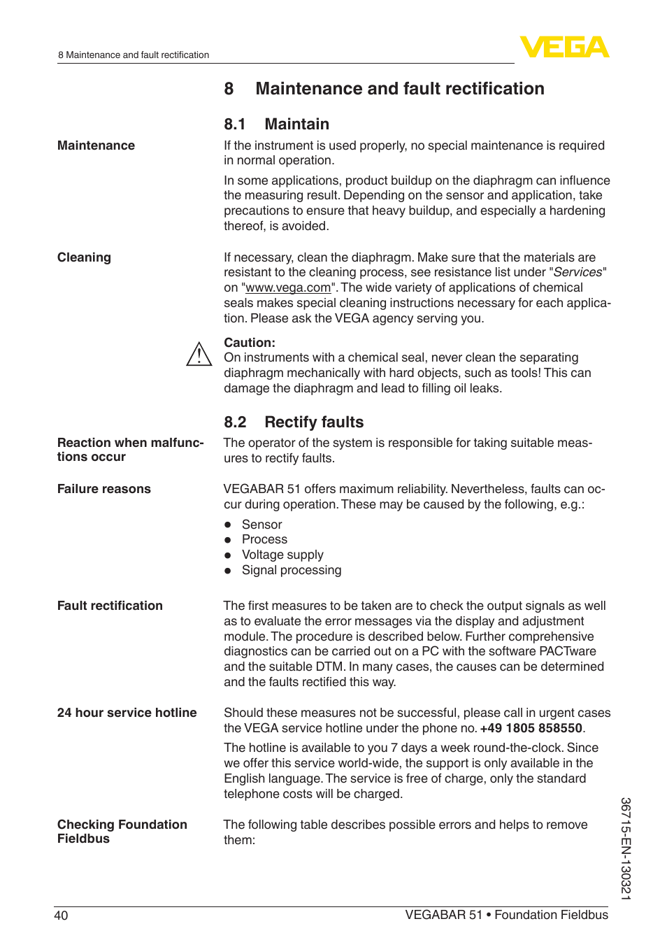 8 maintenance and fault rectification | VEGA VEGABAR 51 Foundation Fieldbus User Manual | Page 40 / 72