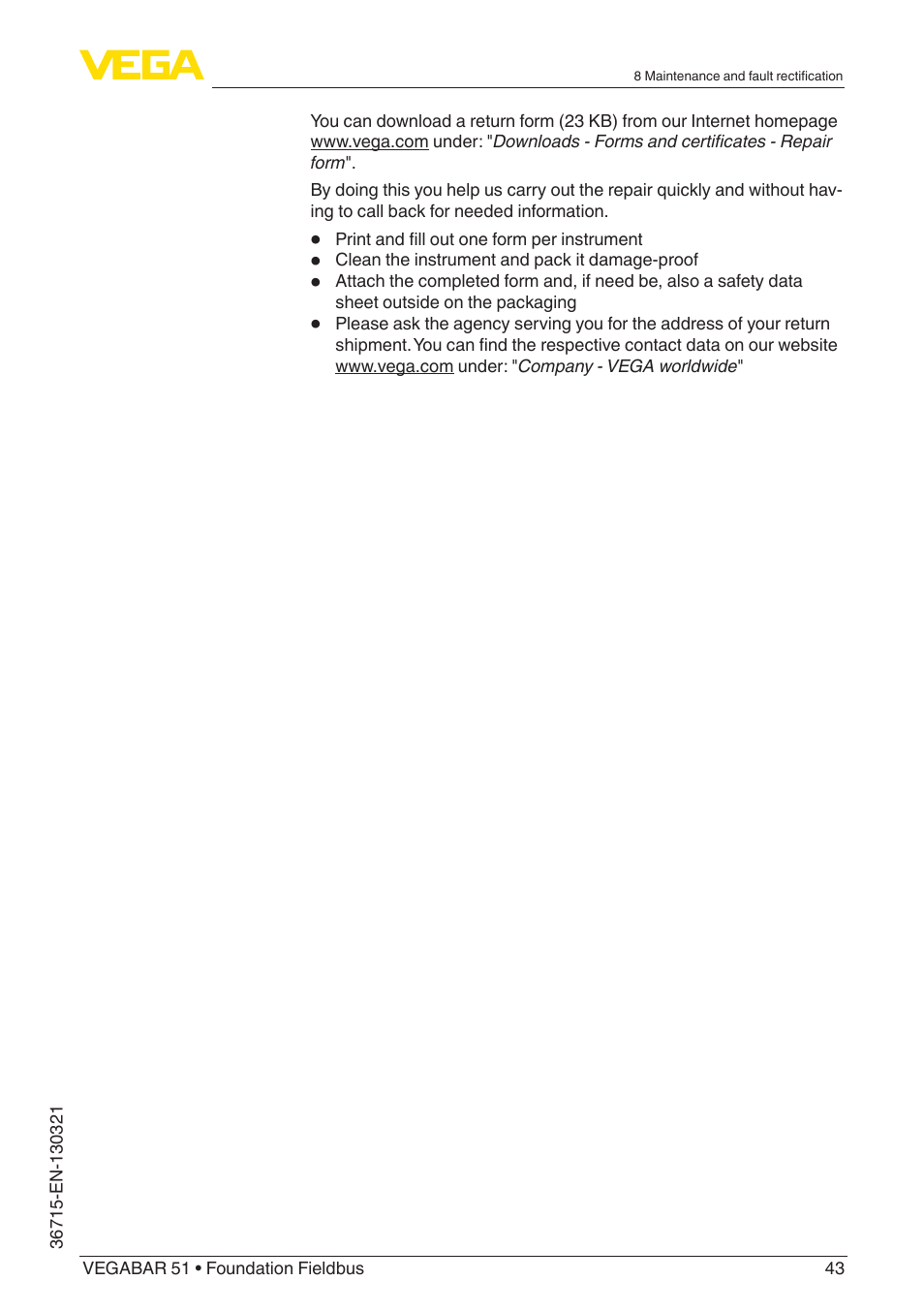 VEGA VEGABAR 51 Foundation Fieldbus User Manual | Page 43 / 72
